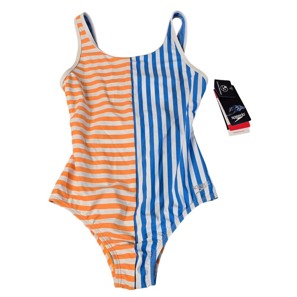 Speedo One Piece Swimsuit Womens Size 12 Striped Orange Blue NWT